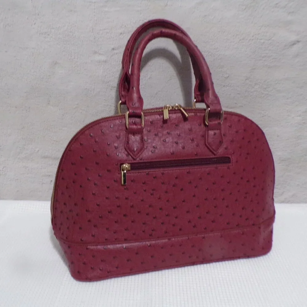 Ostrich Like Faux Leather Burgundy & Gold Accents Handbag‎ with Gray Lining